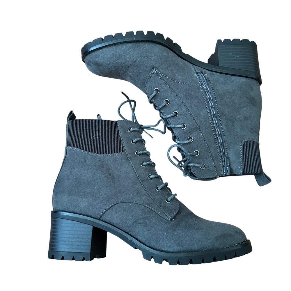 Market & Spruce Womens Grey Faux Suede Lace Up Lug Sole Block Heel Boots Size 9